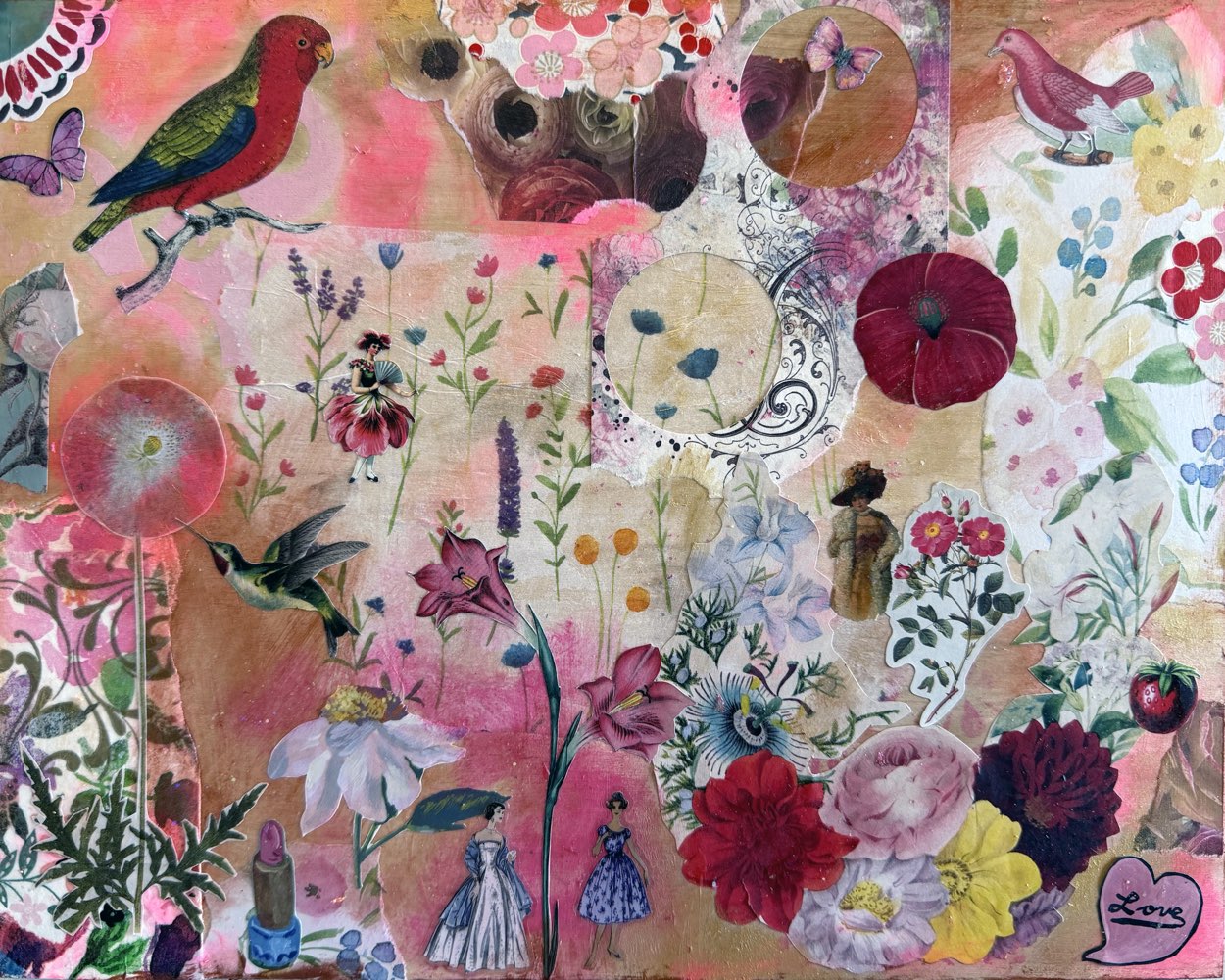 A lively pink garden collage filled with flowers, birds and unexpected characters.
