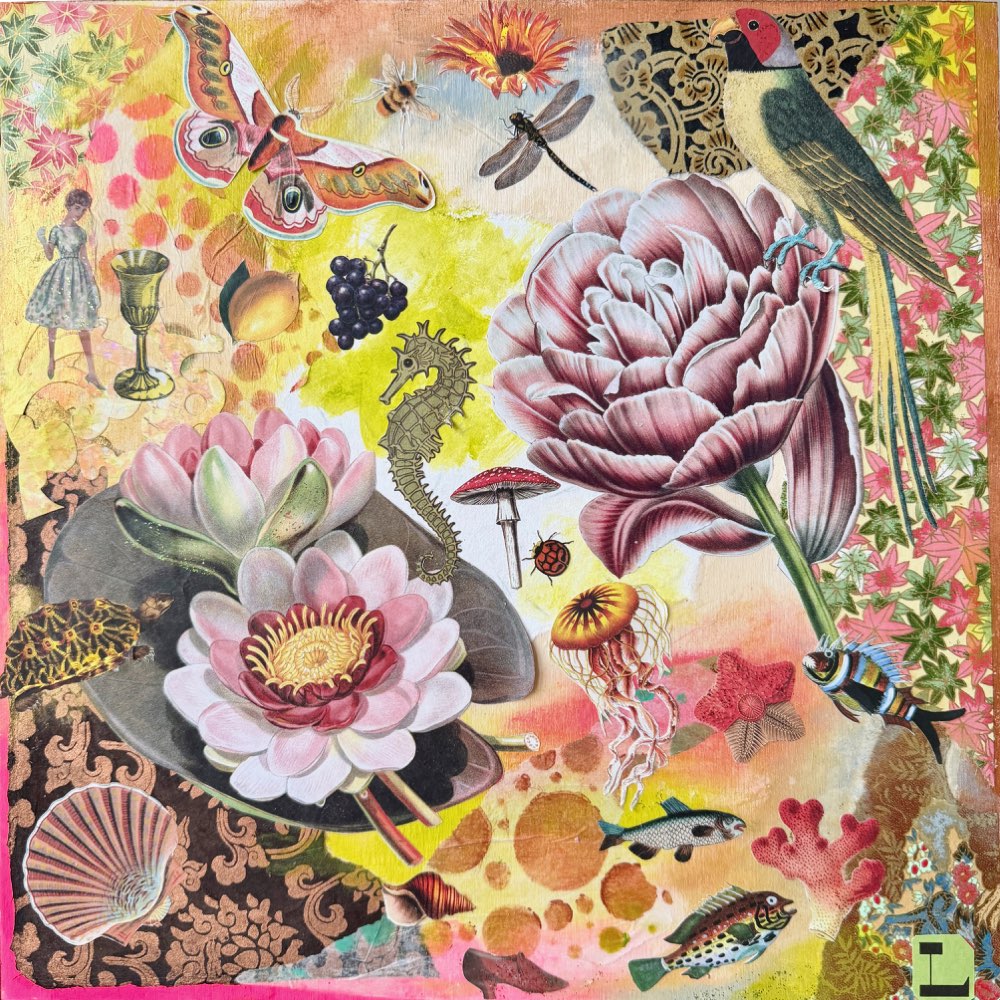 Abundant garden collage of blossoms, birds, insects, fruit and small figures.