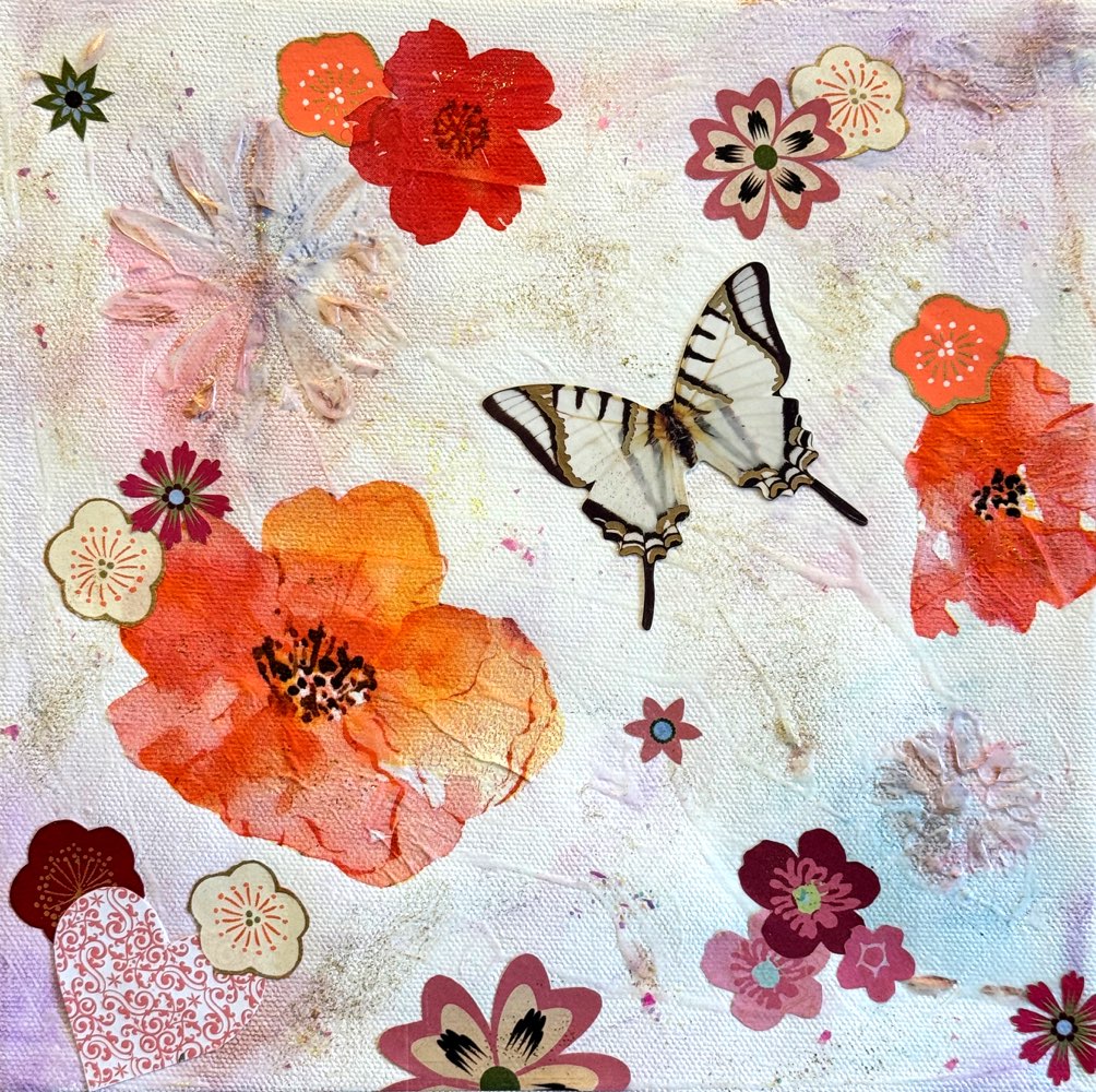 Delicate butterfly surrounded by orange, red and patterned blossoms.
