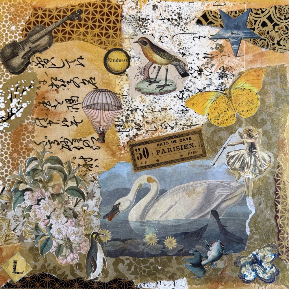 Storybook collage with swans, birds, a butterfly, flowers and handwritten fragments.